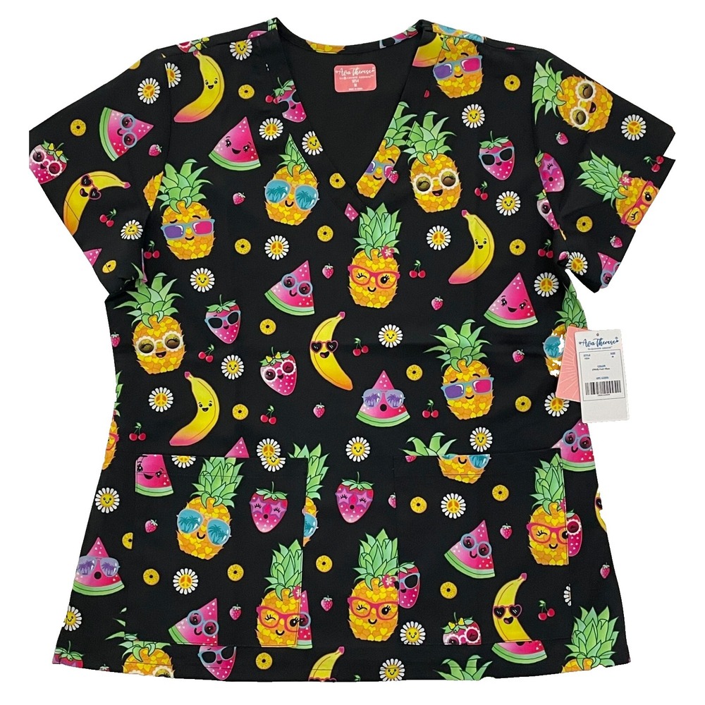 Tropical Scrub Pineapple Women's Medium NWT Black Mutli Color Fruit Ava Therese